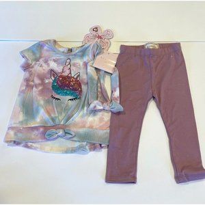 BTWEEN 18M Girls Sequin Unicorn Tie Dye Top, Glitter Leggings & Headband Set